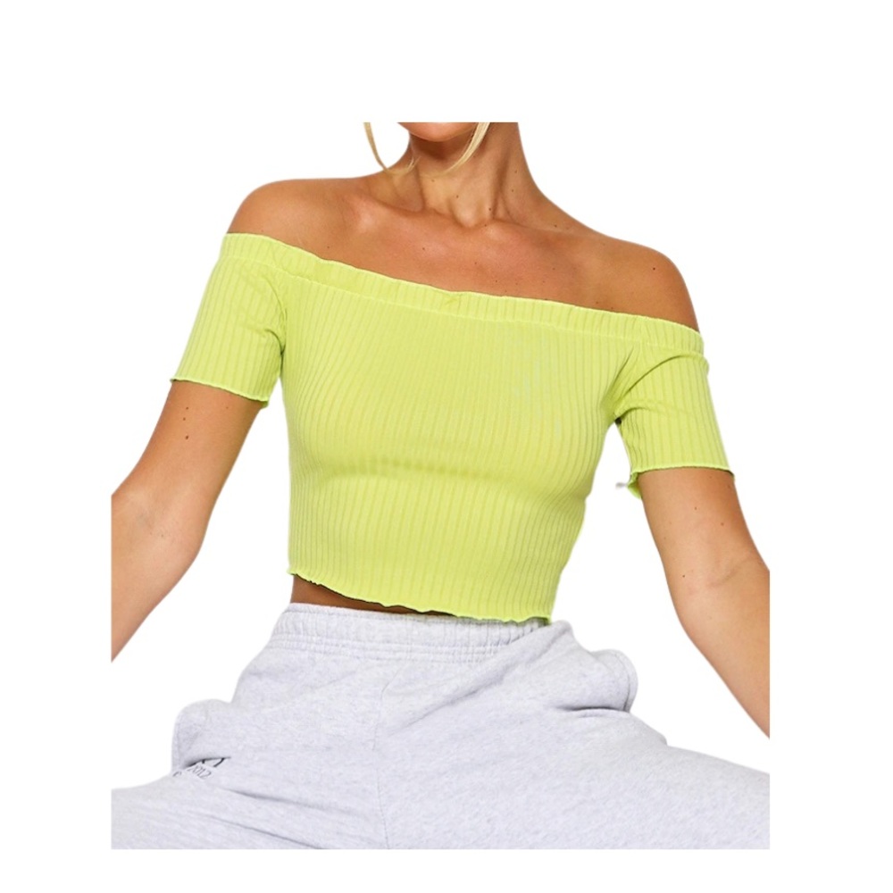 PrettyLittleThing Lime Rib Short Sleeve Bardot Top